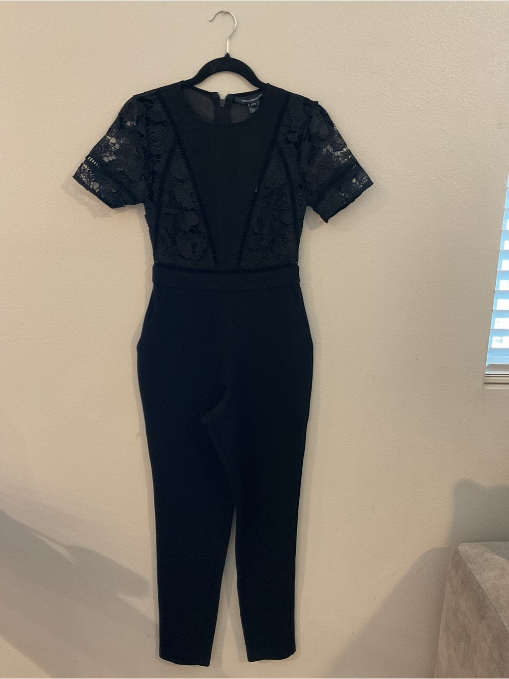 French Connection Black Lace-Trim Short Sleeve Jumpsuit